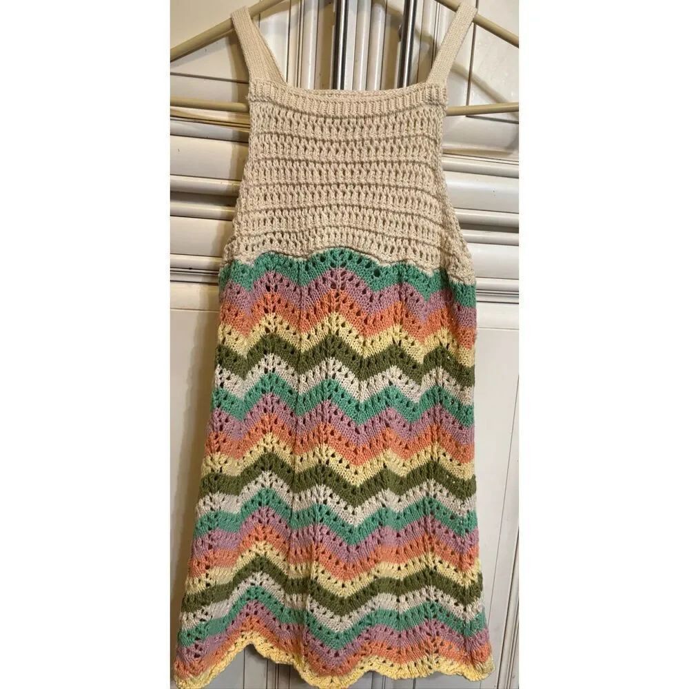 Zara Girls Chevron Sleeveless Square Neck Crochet Sundress Multicolor Size 8-9
